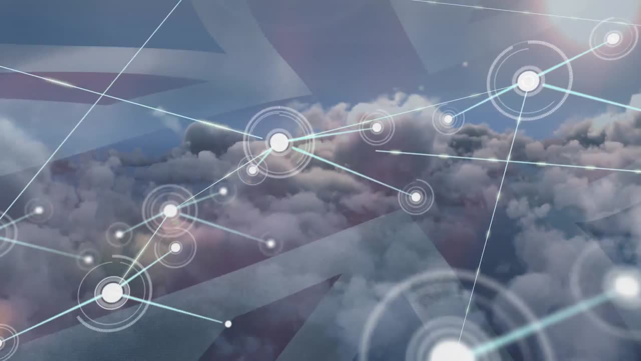 animación de puntos conectados sobre la bandera del reino unido contra el sol y las nubes densas