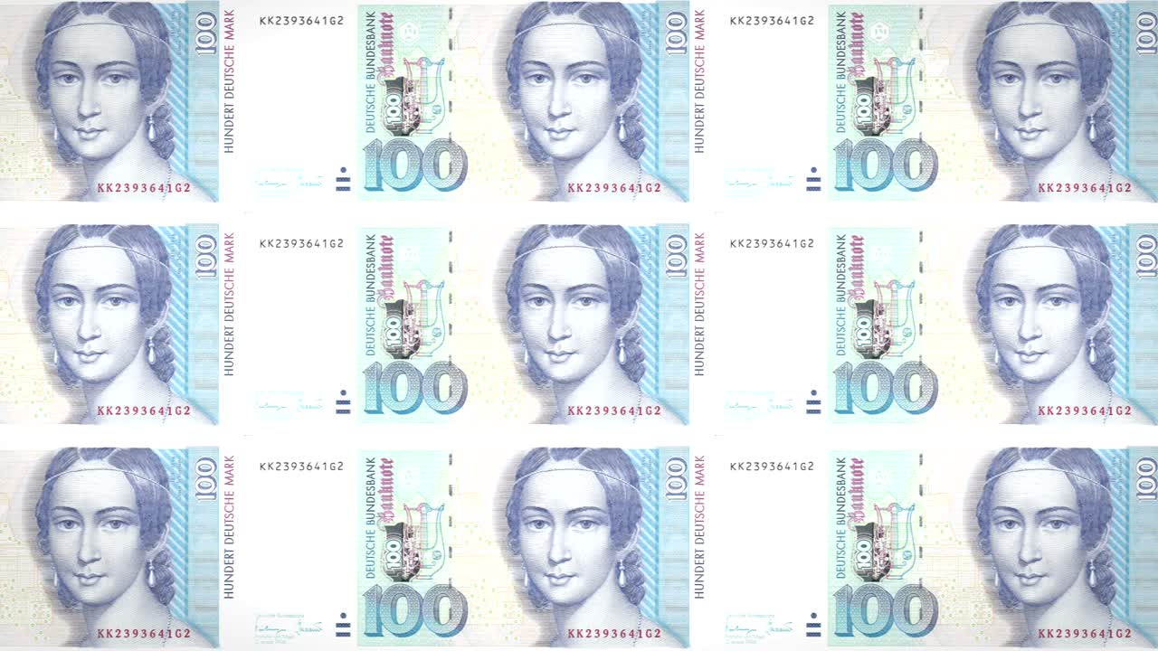 billetes de cien marcos alemanes o marcos alemanes del banco de la antigua alemania occidental o la república federal de alemania rodando en pantalla, monedas del mundo, dinero en efectivo, bucle