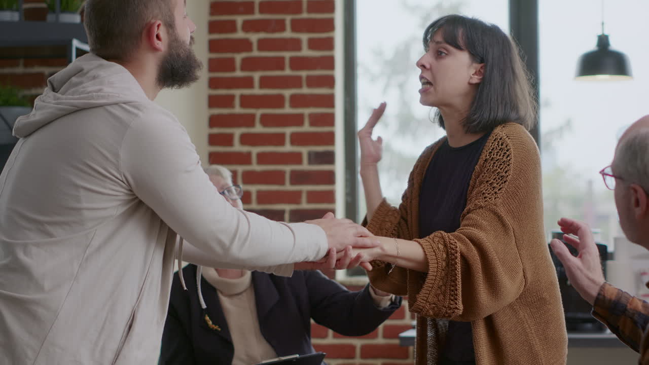 Sad person with anger management issues having breakdown at aa group meeting