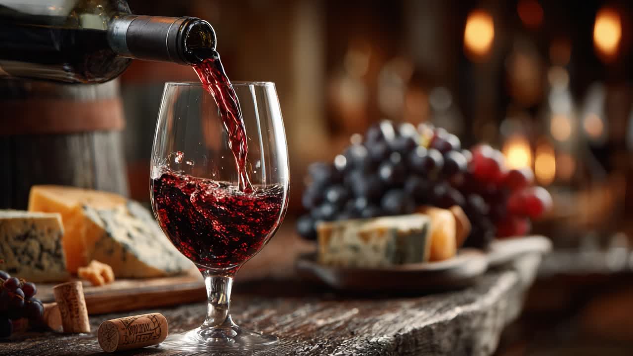 Fascinerende øyeblikk der vin helles i et glass med ost og druer, noe som skaper en innbydende atmosfære i rustikke omgivelser