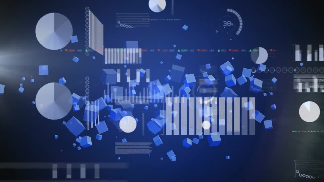 Animation of graphs and data processing on interface, over blue cubes, on dark blue