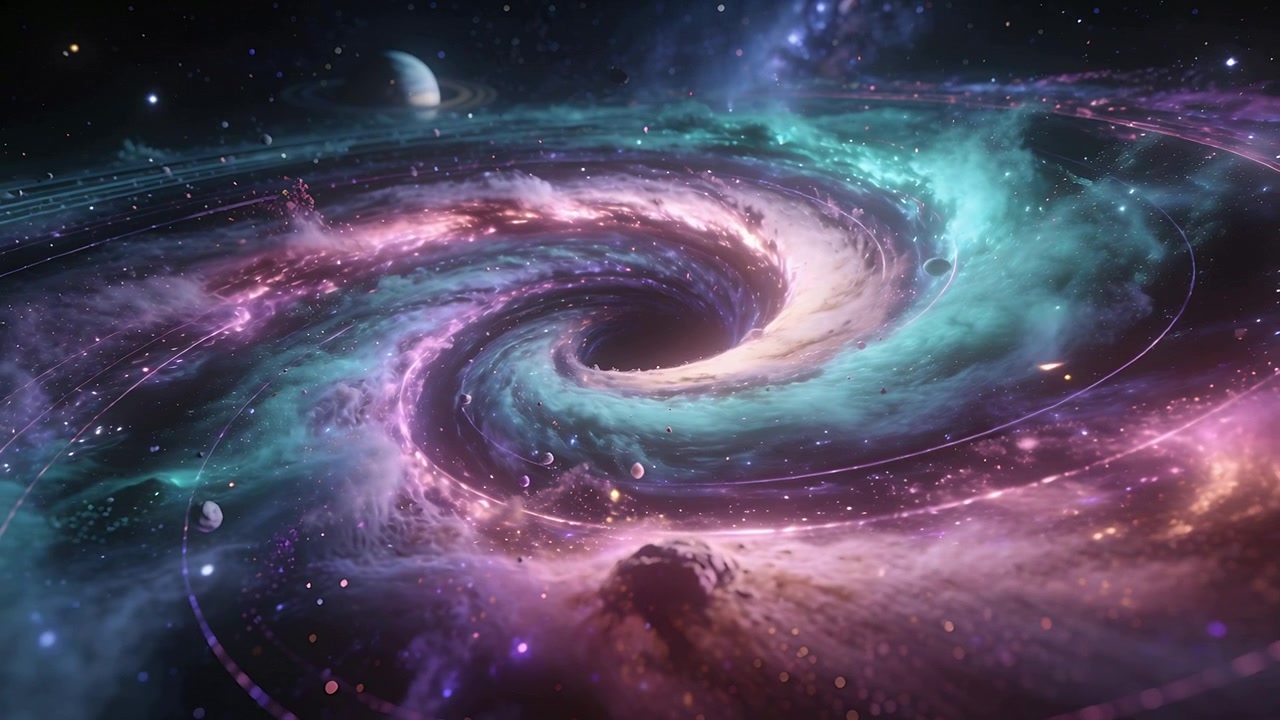 Vortice a spirale rotante che attira planetesimali e gas verso un vuoto centrale oscuro nello spazio profondo.