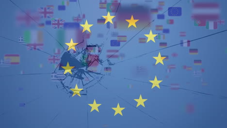 broken screen effect and yellow stars in circle against flags of european countries