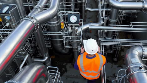 engineer inspecting complex industrial pipelines