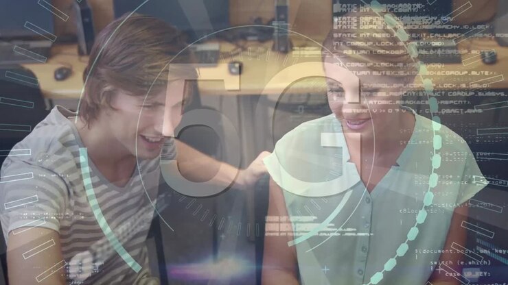 Animation of data processing and 5g over teenage caucasian boy and girl using computer