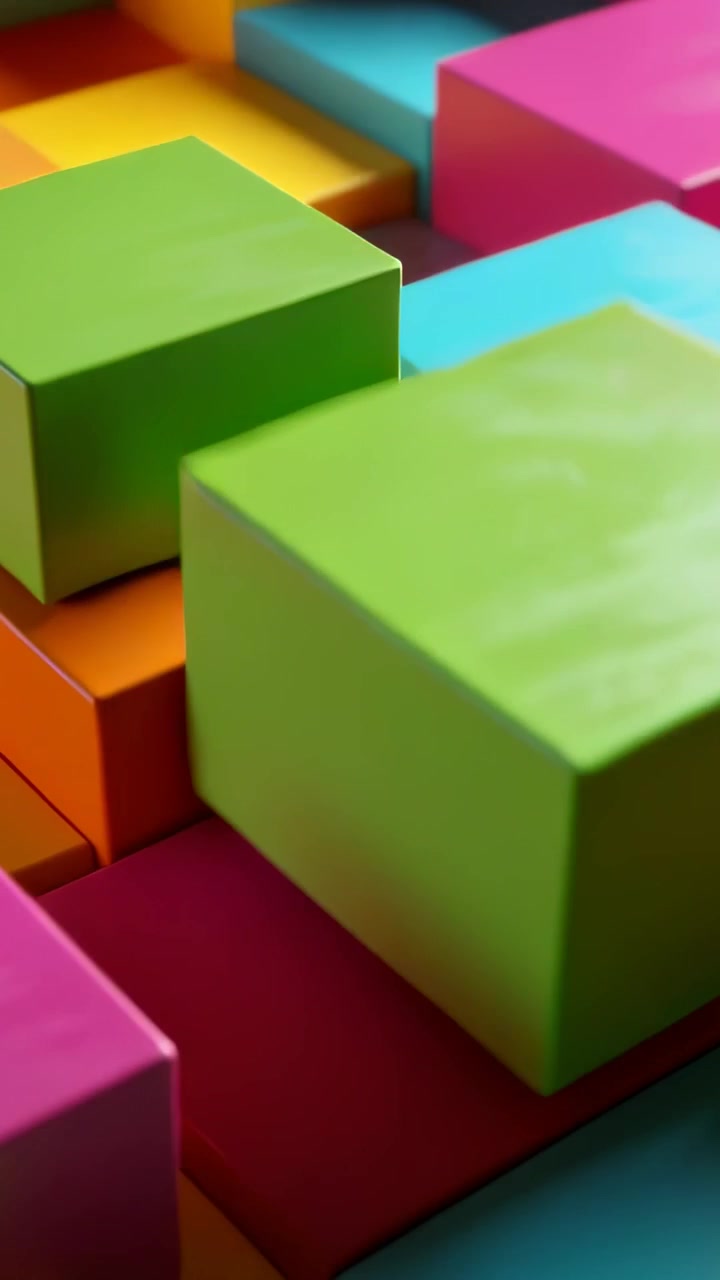 Vertical video: Shifting camera revealing stacked colorful blocks in studio to show layered depth