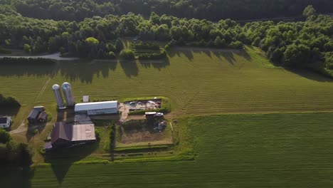 Silos-Und-Scheunenhaus-Auf-Dem-üppigen-Ackerland-Im-Leelanau-County,-Michigan-An-Einem-Sonnigen-Tag---Luftaufnahme