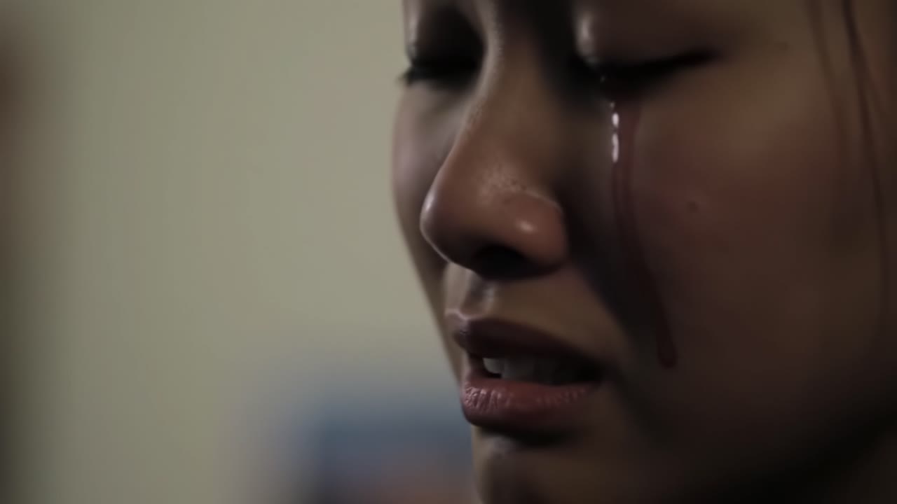 A poignant portrayal of emotional despair as a young woman grapples with overwhelming feelings, shedding tears in a moment of vulnerability and raw human experience