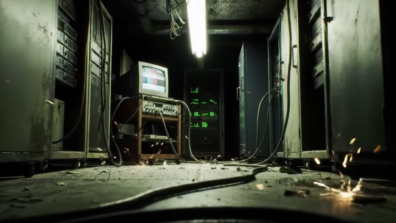 Dark basement reveals an abandoned computer room filled with old monitors and tangled cables. Sparks fly from damaged wires, enhancing the eerie atmosphere of neglect and decay.