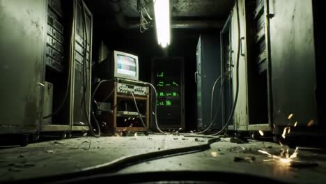 dark basement reveals an abandoned computer room filled with old monitors and tangled cables. sparks fly from damaged wires, enhancing the eerie atmosphere of neglect and decay.