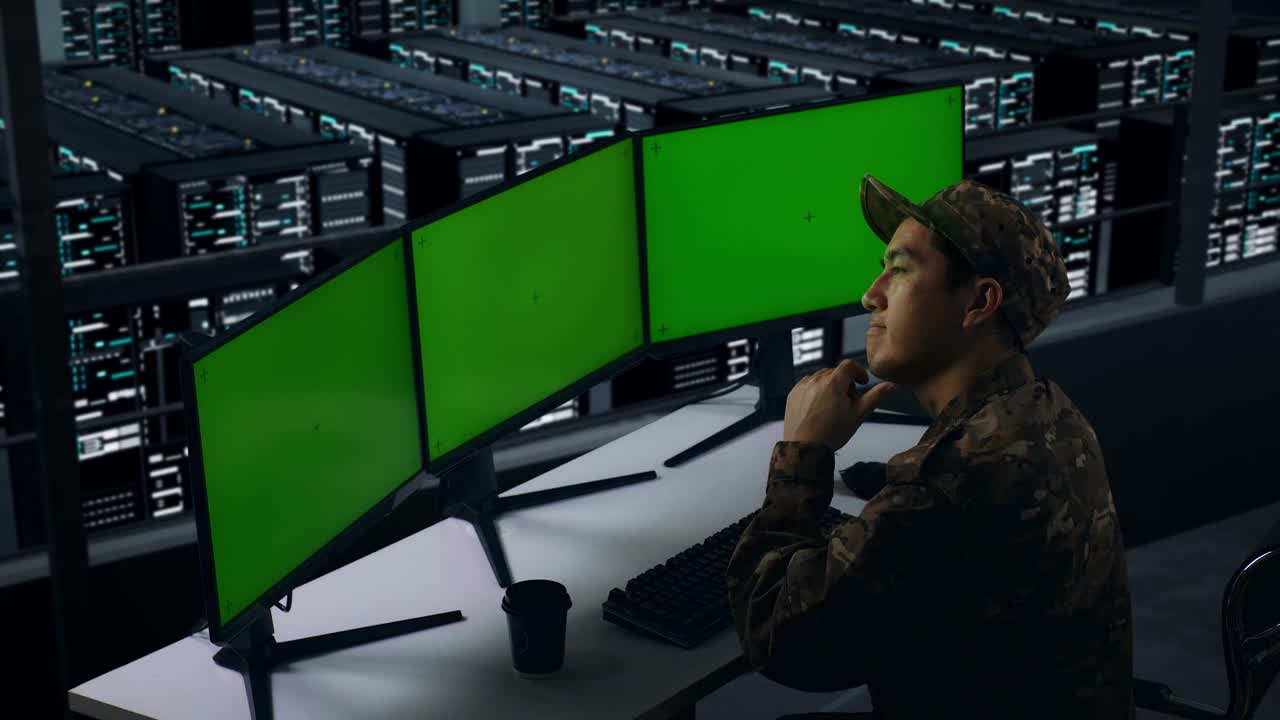 Side View Of Asian Military Thinking About Something Then Raising his Index Finger While Working With Mock Up Multiple Computer Monitor In Data Center