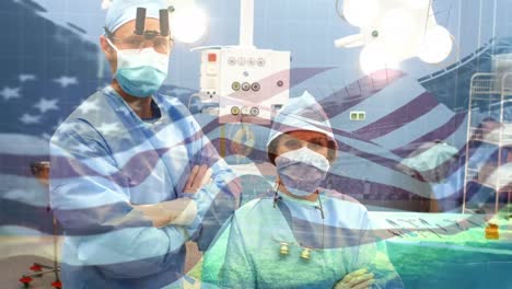 Animation-of-flag-of-usa-waving-over-surgeons-in-face-masks