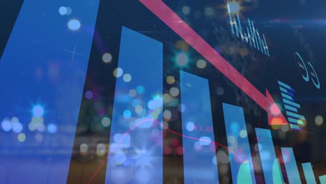 animación de las estadísticas con flecha roja apuntando hacia abajo y procesamiento de datos financieros
