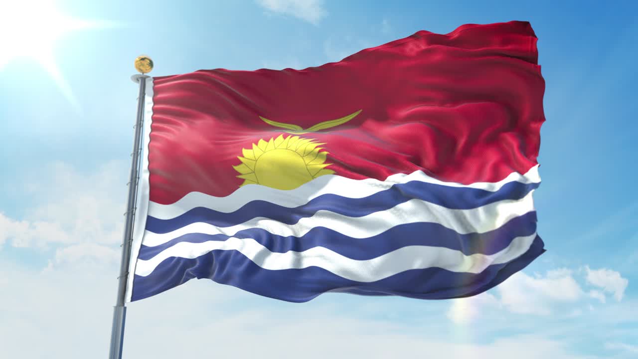 Bandiera di Kiribati che sventola al vento contro un cielo blu intenso. Tema nazionale, concetto internazionale. Rendering 3D, loop continuo 4K