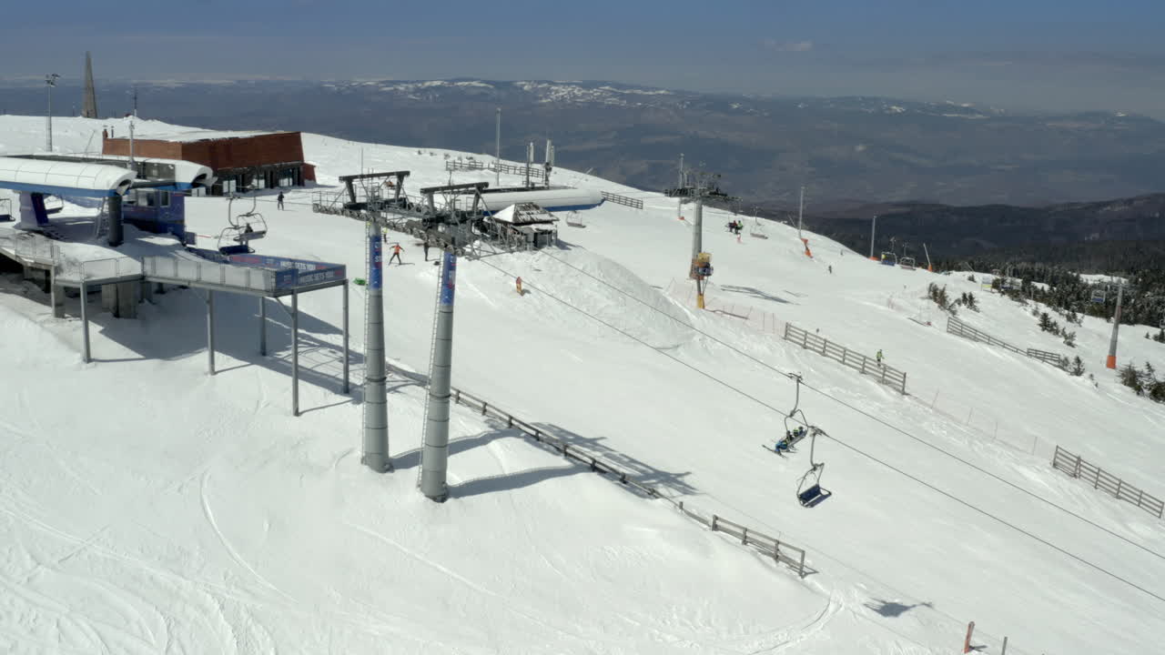 Panoramic view of a vibrant ski resort on a sunny winter day