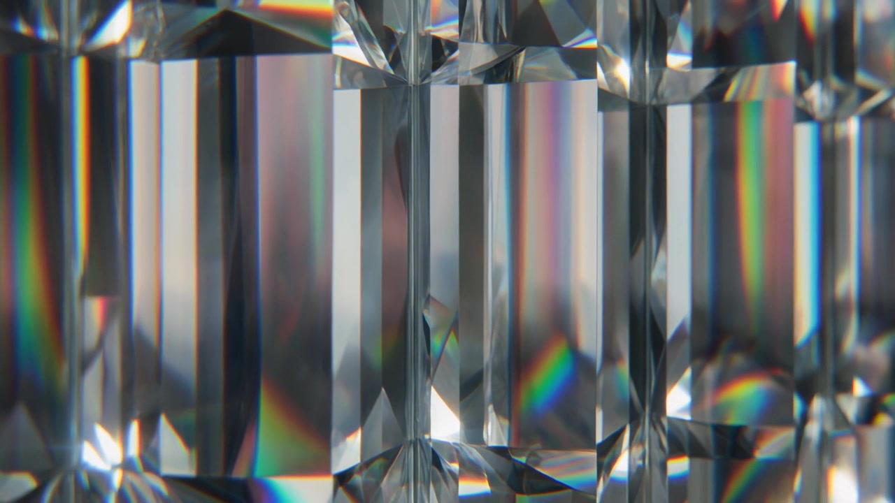 Macro primo piano di un prisma di cristallo sfaccettato con rifrazione della luce