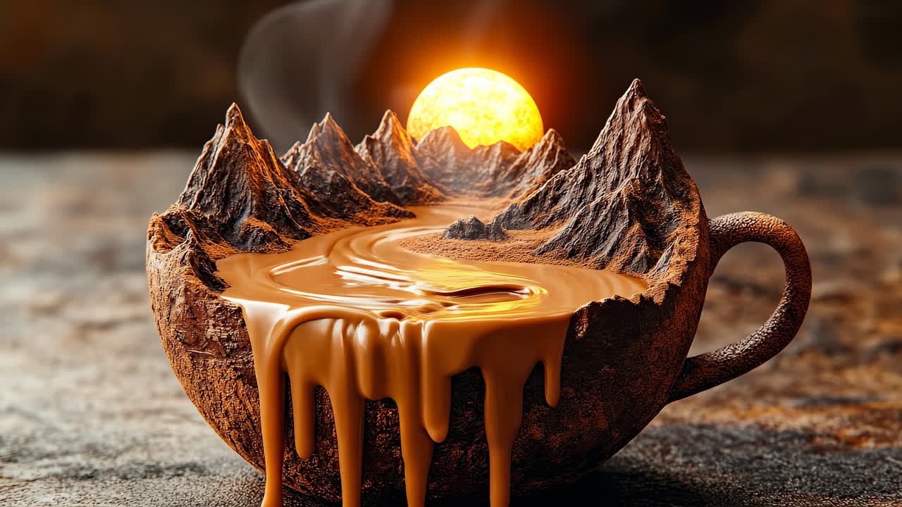 Warm drink with sunset over mountains. A cup filled with warm drink flows like a river, with mountains and a sunset creating a stunning, surreal scene