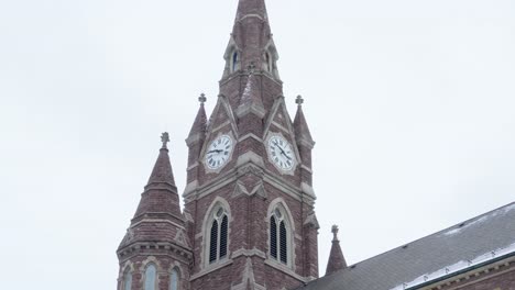 Wide-shot-of-a-cathedral-clock-tower