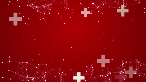 abstract health care with medical cross shapes and plexus line with dots. medicine, chemistry, science concept red background. loop animation.