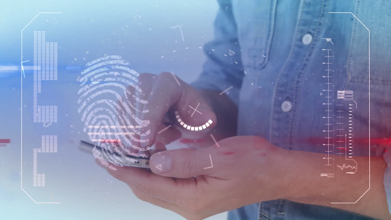 animación de escaneo de alcance, huella digital biométrica y procesamiento de datos sobre el hombre utilizando un teléfono inteligente