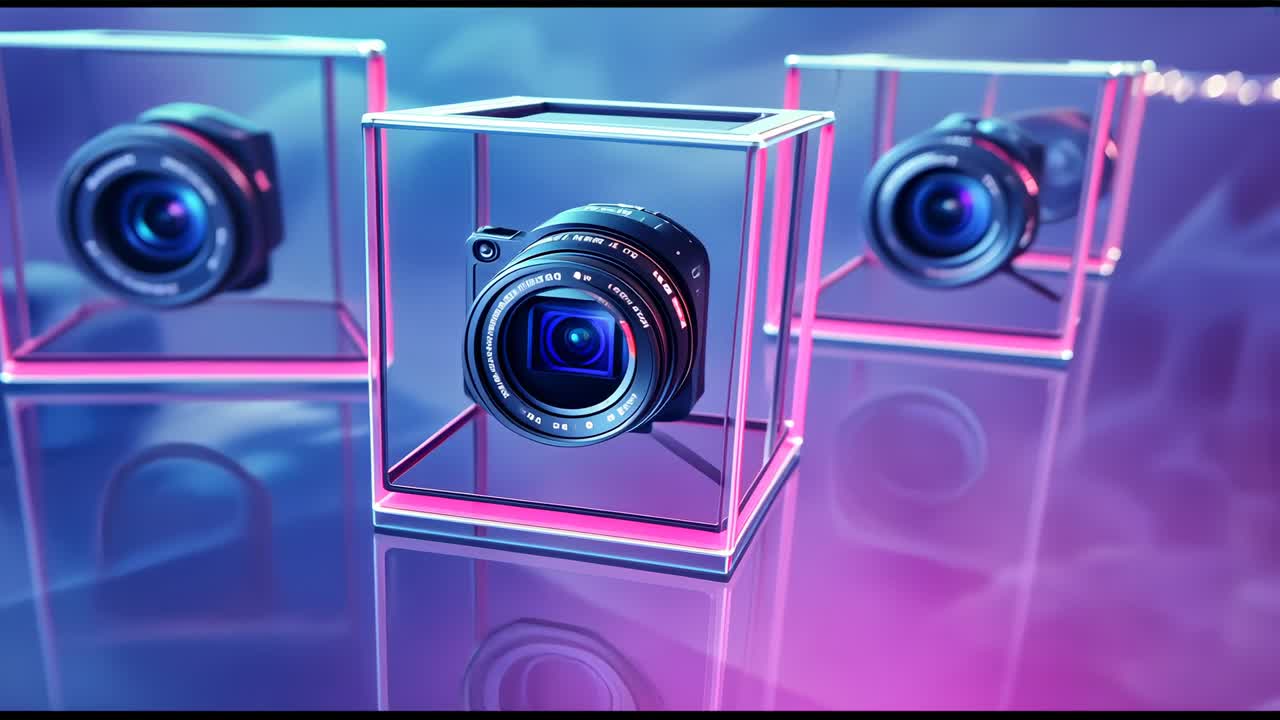 Starting camera tracking forward in studio over floor mist, showcasing wireframe cube lens details