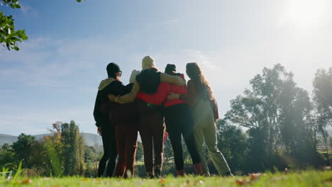 friends, back and group outdoor with celebration