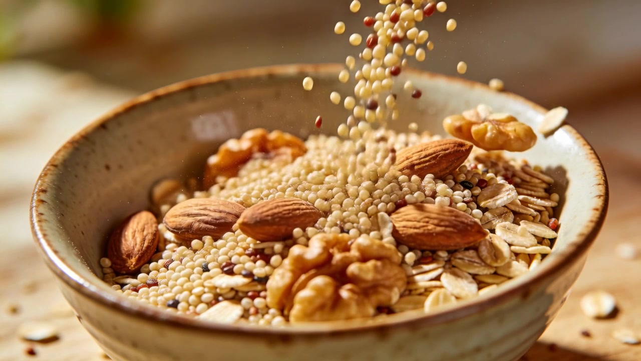 Un cucchiaio versa la quinoa in una ciotola maculata sul tavolo della cucina, aggiungendo avena, mandorle e noci.