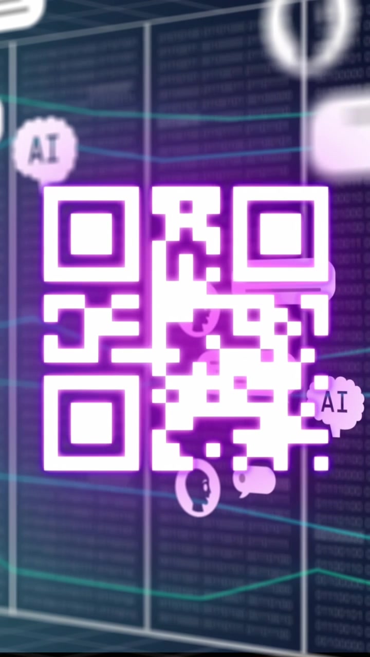 Animation of ai data processing, chat and icons over qr code