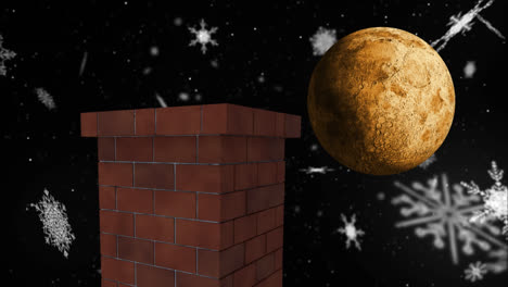 animación de paisaje navideño de invierno con chimenea, nieve cayendo y luna