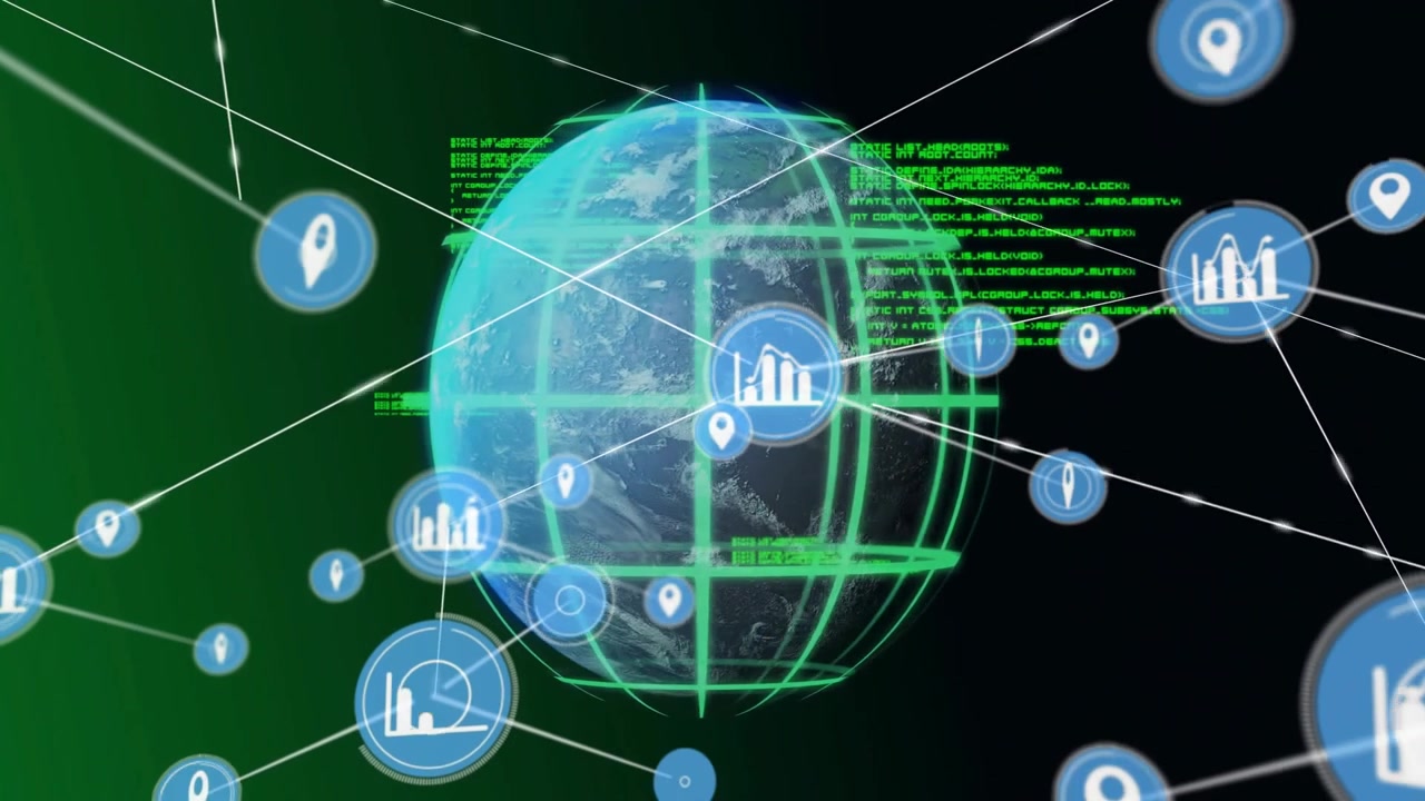 Digital globe appearing with flowing code, blue icons emerging, linking white lines forming network
