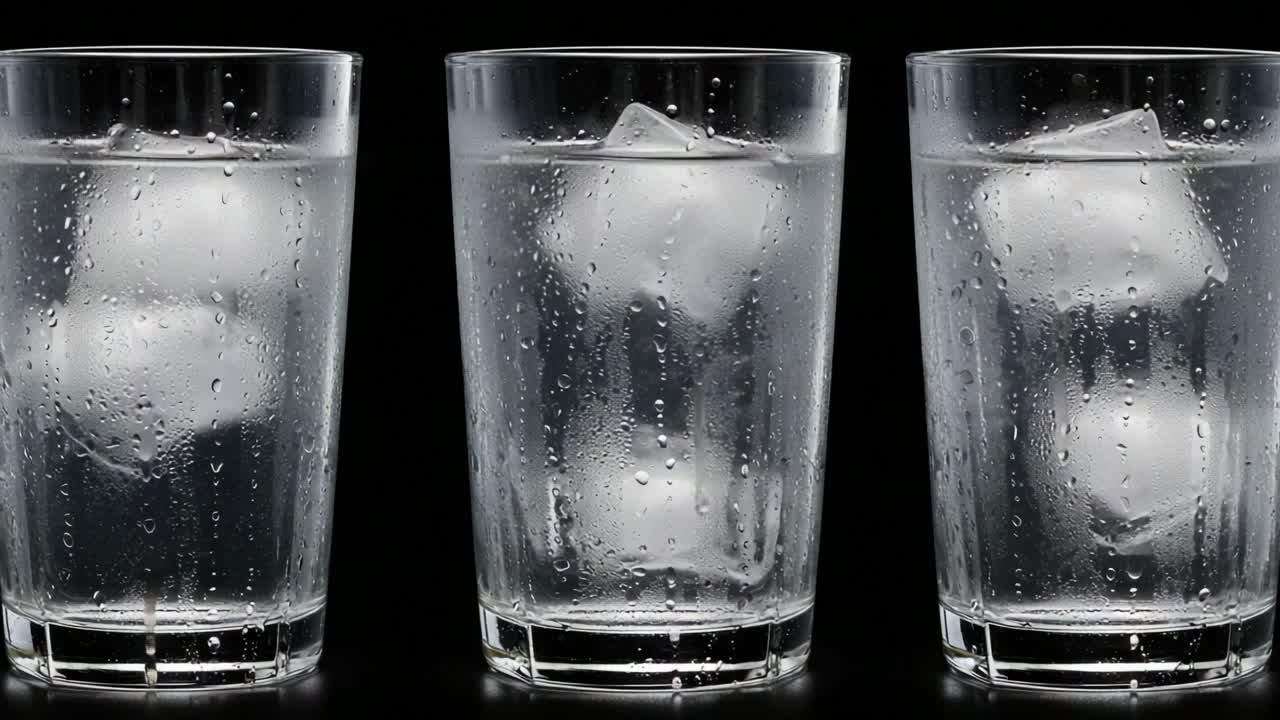 A Captivating Visual Sequence of Three Glasses Filled with Chilled Water and Ice Cubes, Capturing the Reflection and Transparency of the Liquid in a Dark Atmosphere