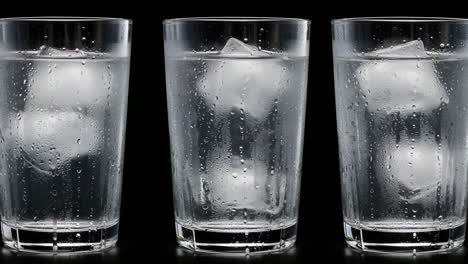 a captivating visual sequence of three glasses filled with chilled water and ice cubes, capturing the reflection and transparency of the liquid in a dark atmosphere