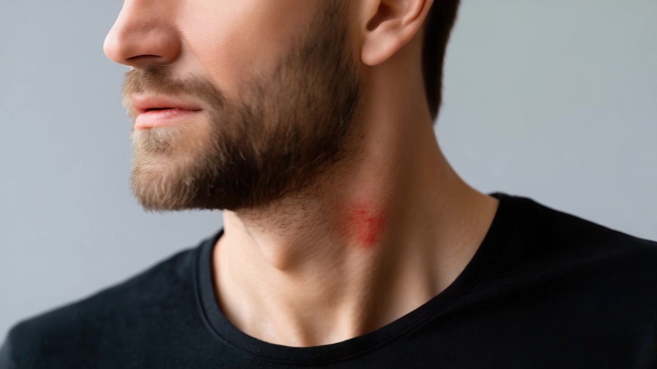 Primo piano di un uomo che esamina un'irritazione cutanea sul collo, evidenziando un segno rosso e la texture della barba su uno sfondo minimalista.