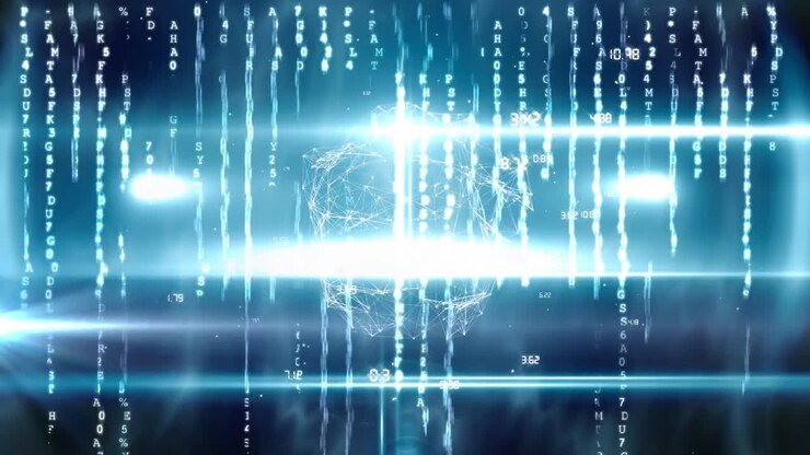 Animation of globe spinning and data processing with strings of letters on glowing blue background