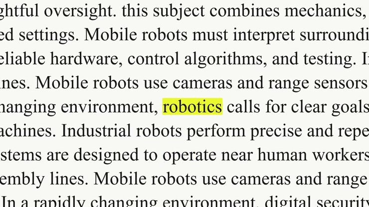 Robotikk fremheves med gult mens svarte avsnitt med seriffskrift endrer seg rundt, med tekst om roboter, sensorer og kontrollalgoritmer på hvit bakgrunn