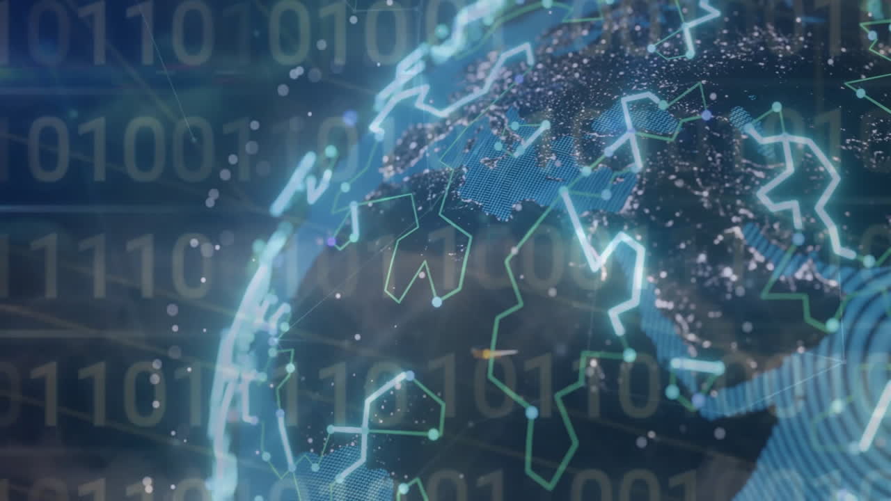 Digital globe with binary code and network connections animation