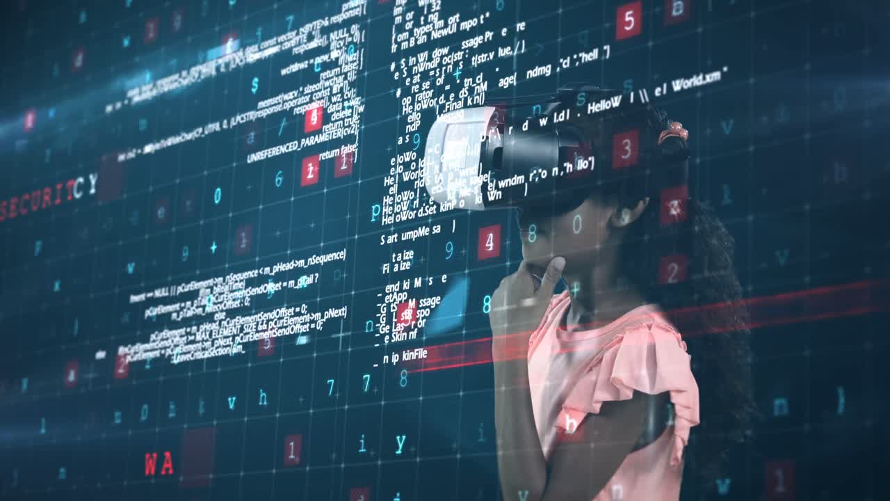 Girl using virtual reality headset and digital screen