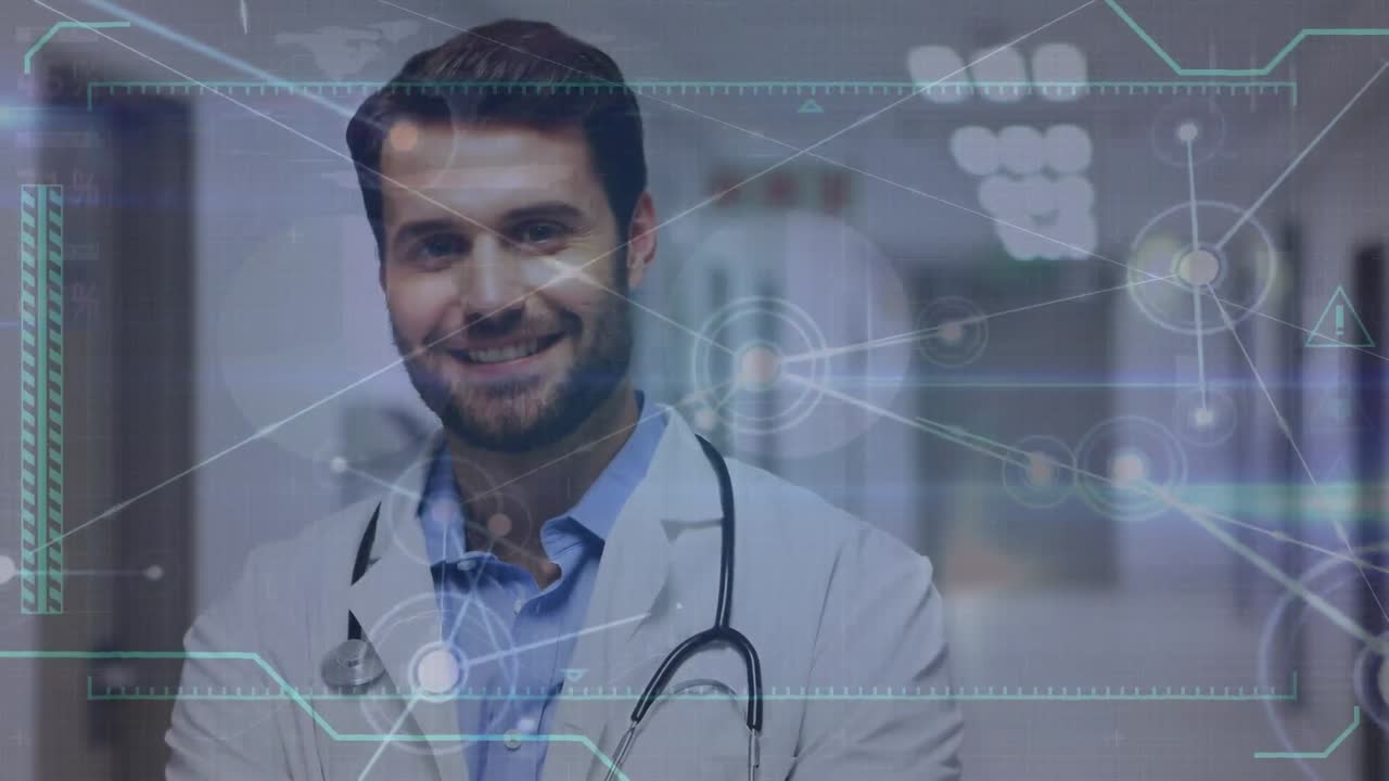 Animazione di elaborazione dati medici su medico maschio caucasico