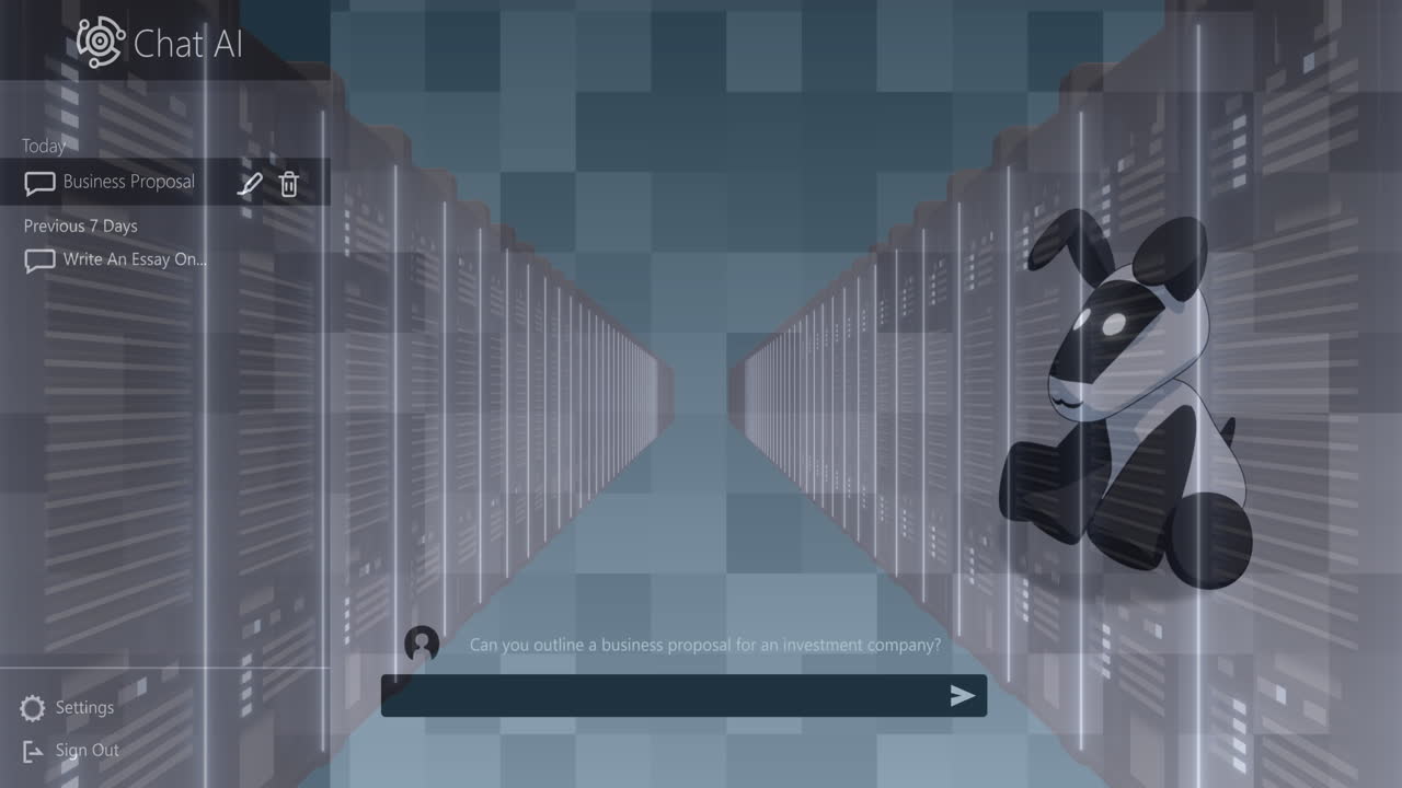 Chat ai logo, dog animation and conversation text over servers in server room