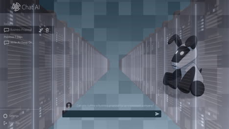 Chat ai logo, dog animation and conversation text over servers in server room