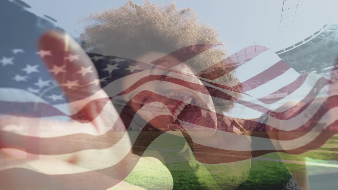 animación de la bandera de los estados unidos de américa sobre una mujer afroamericana y un estadio deportivo