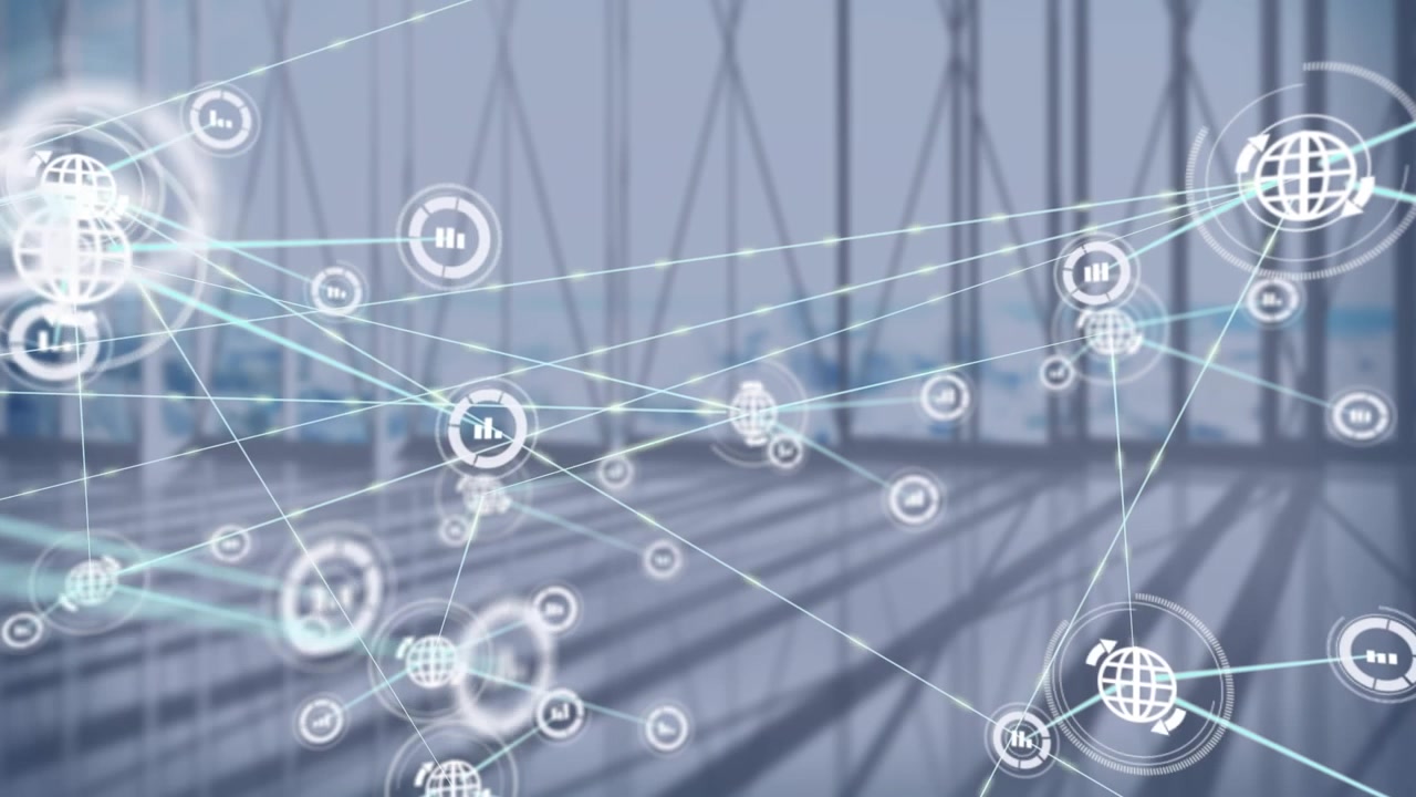 Animation of network of digital icons over view of cityscape from office window