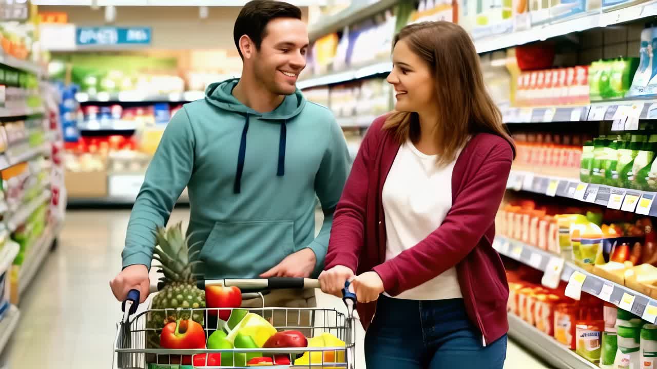 A man and woman are shopping in a grocery store. They are smiling and holding a shopping cart