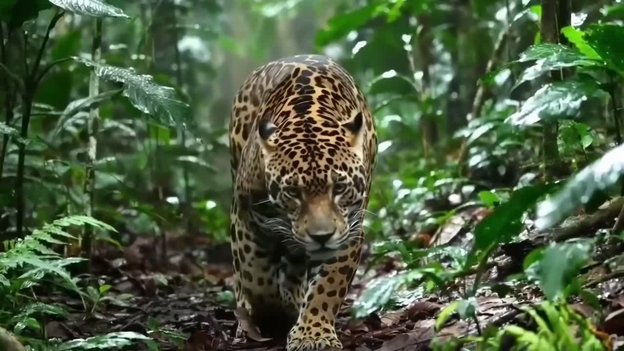 Vídeo em close-up de uma onça-pintada percorrendo uma selva exuberante, capturado de um ângulo baixo