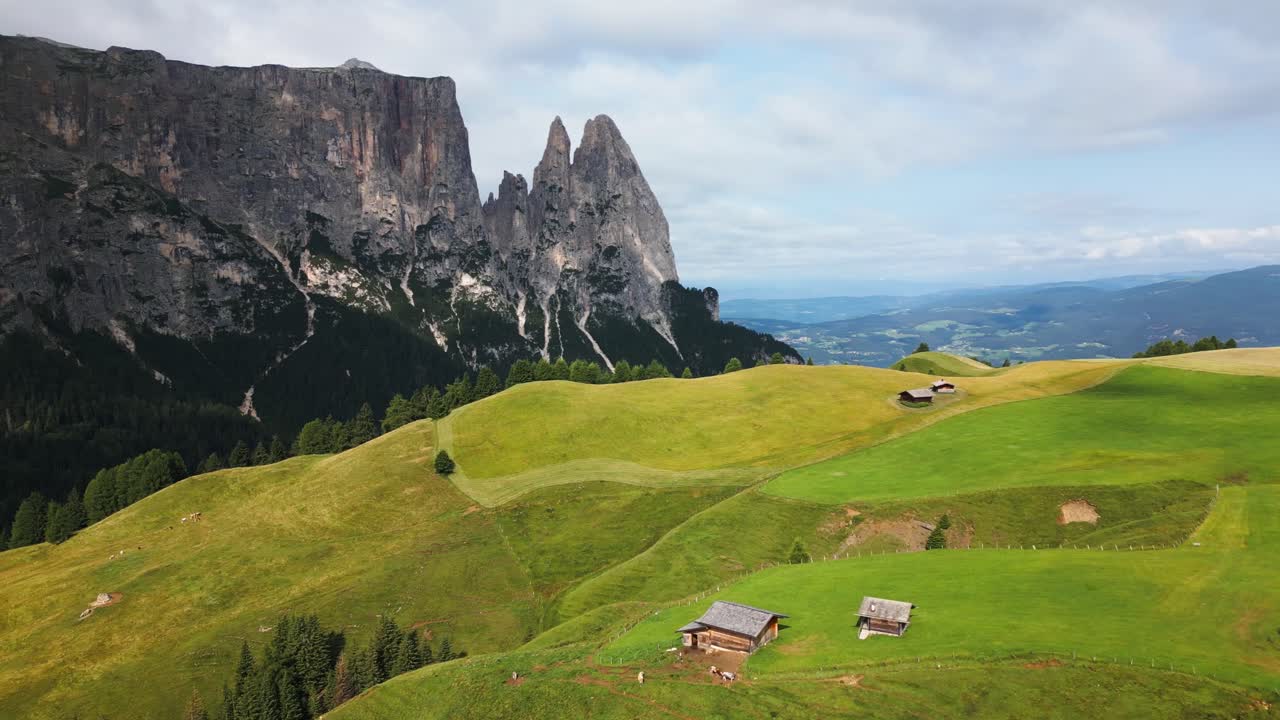 hermosos alpines verdes en las montañas con un cielo azul, árboles verdes y una gran montaña en el fondo, dolomitas, italia, europa, dron