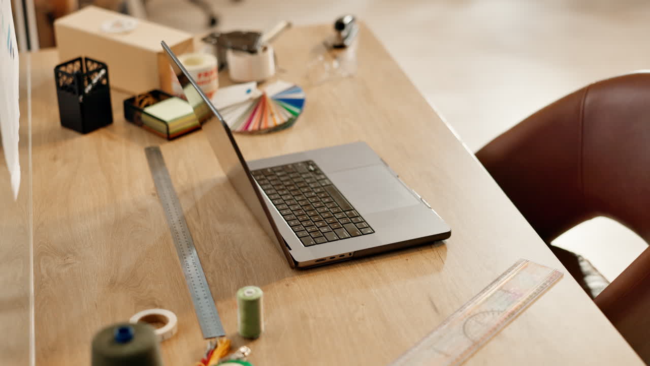 Desk, laptop and fashion designer job