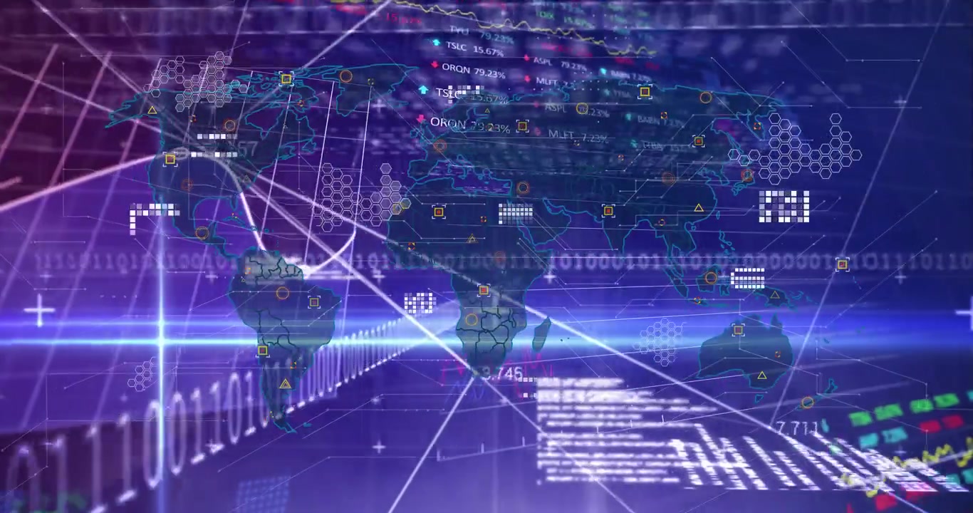 Global Digital Network with World Map and Financial Data Visualization