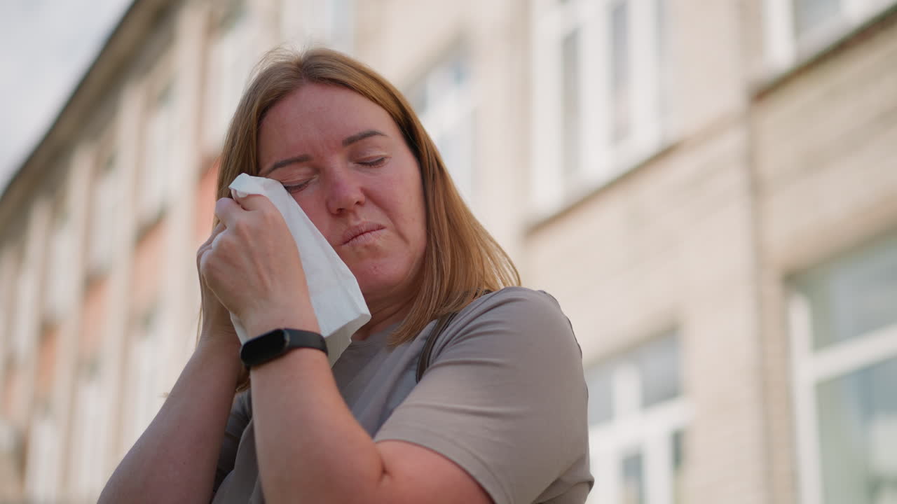 Crying woman with light brown hair standing outdoors cleaning tears with wipes under bright sky, emotional expression of sadness and exhaustion, showing human vulnerability