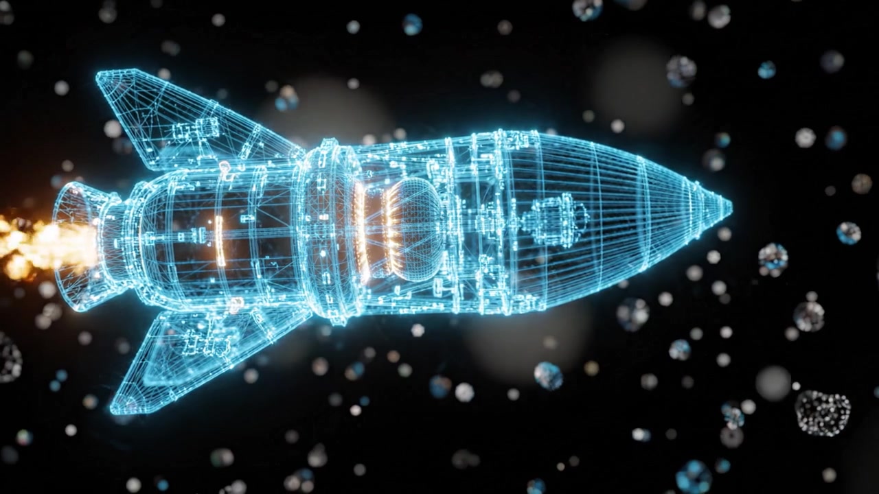 Futuristic Rocket Launch Sequence Highlighting Advanced Technology and Energy Propulsion in a Cosmic Environment Featuring High-Tech Elements and Dynamic Visuals