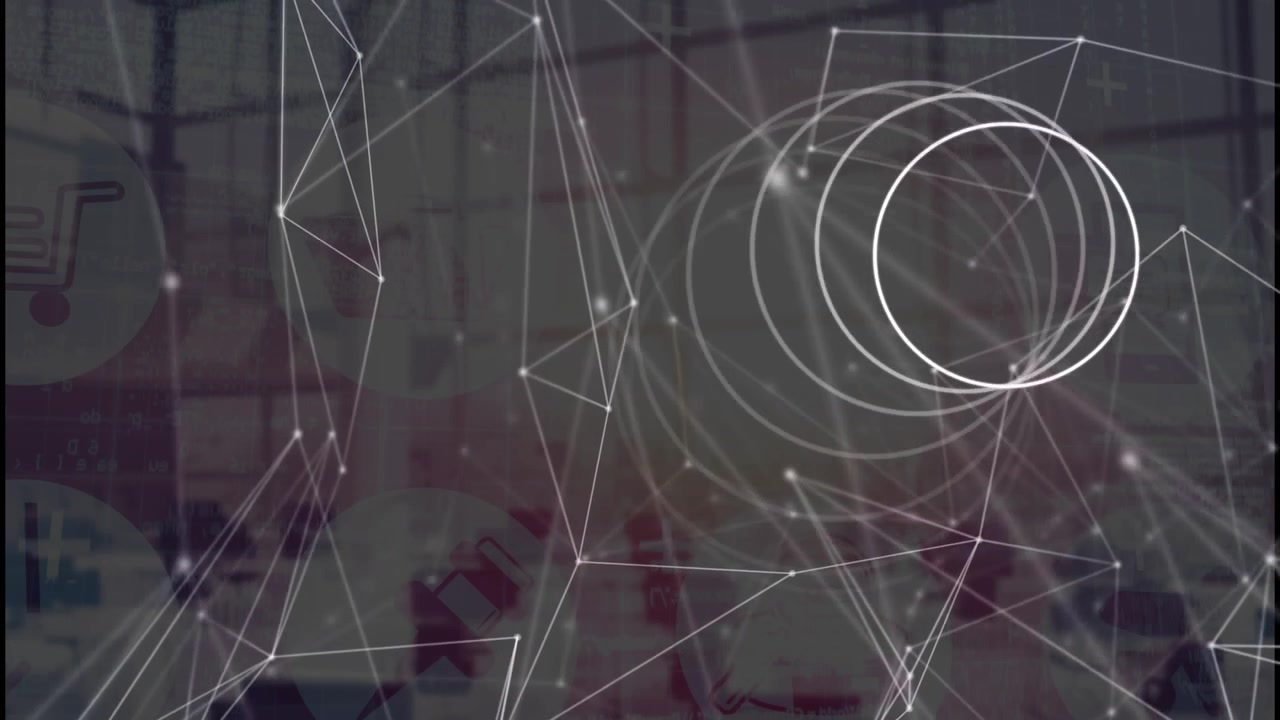 Animation of abstract circular shape and network of connections against empty office